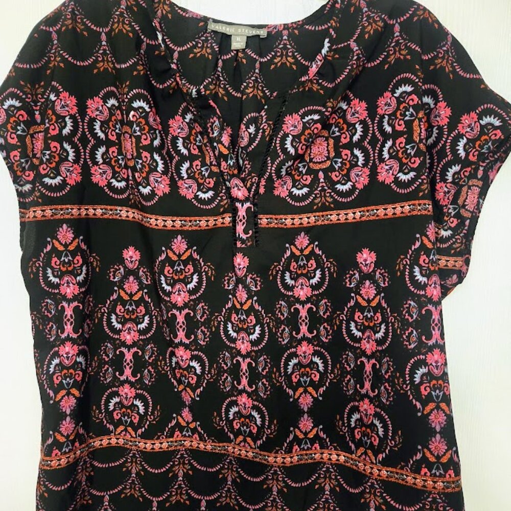 Valerie Stevens black mixed pattern‎ paisley S/S blouse top XL